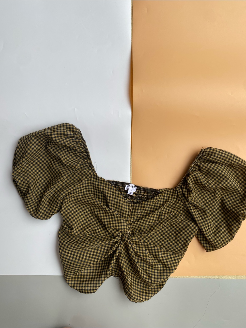 Lily Star Gold Gingham Puff-Sleeve Crop Top
